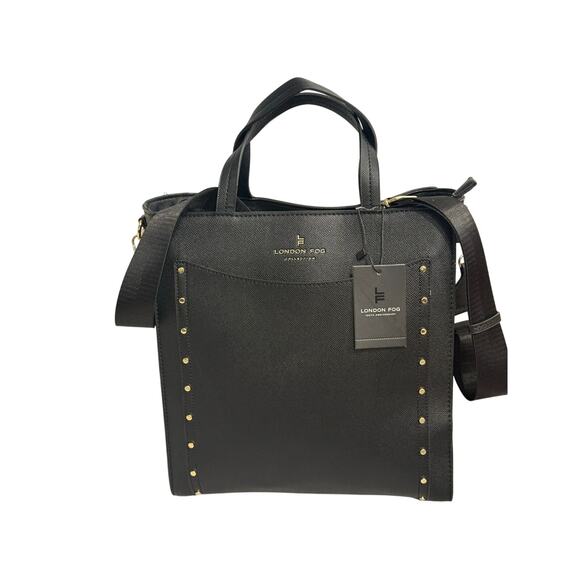 London Fog Sophia Studded Black Tote Bag NWT Faux Leather Gold Hardware - Picture 11 of 14